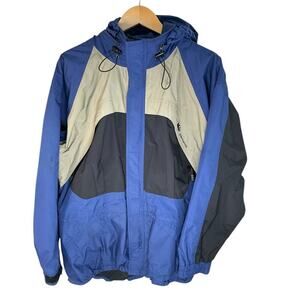 REI Elements Hooded Winter Jacket Large Blue Black Gray Nylon Full Zip Outdoor